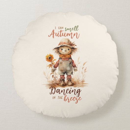 秋の匂いがする – 素朴かかしとサンフラワー ラウンドクッション (正面)