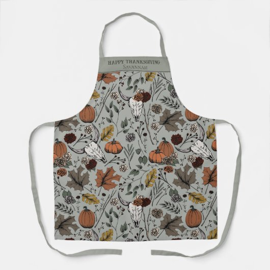 秋の収穫と角サンクスギビングセージグリーン エプロン (正面)