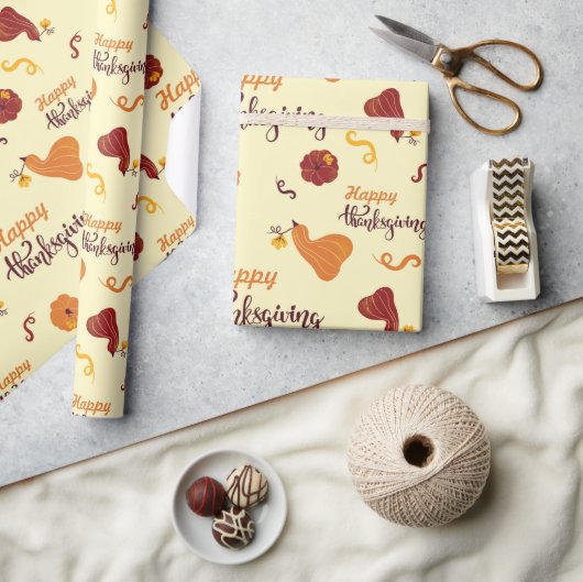 秋の収穫カボチャ幸せな感謝祭シームレス ラッピングペーパー (クラフト)