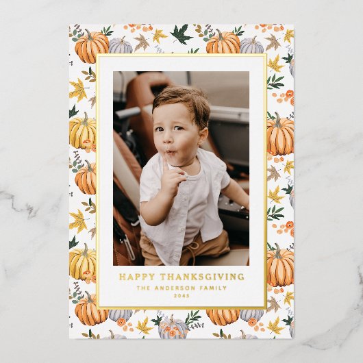 秋の収穫カボチャ模様感謝記念撮影 箔シーズンカード (正面)