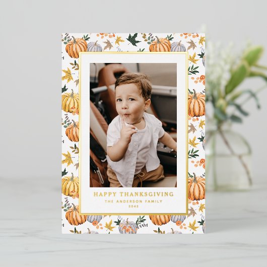 秋の収穫カボチャ模様感謝記念撮影 箔シーズンカード (立ち正面)