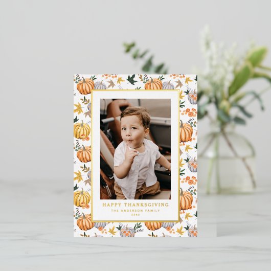 秋の収穫カボチャ模様感謝記念撮影 箔シーズンポストカード (立ち正面)