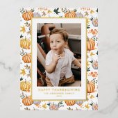 秋の収穫カボチャ模様感謝記念撮影 箔シーズンポストカード (正面)