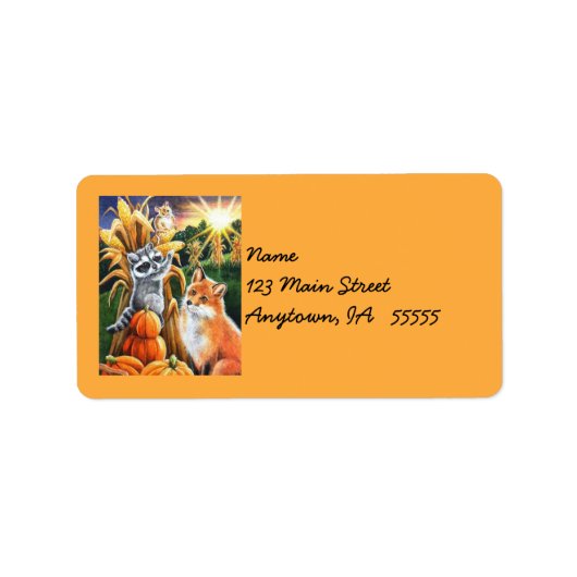 秋の収穫コーンレッドキツネラクーンウォーターカラーアート ラベル (正面)