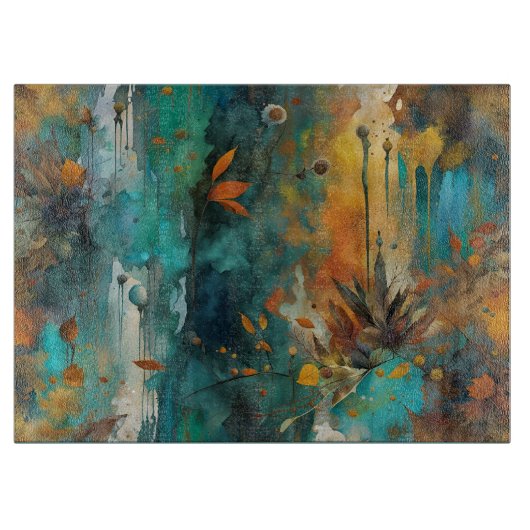 秋の収穫ティール(緑がかった色)ラスト金ゴールド抽象芸術 カッティングボード (正面)