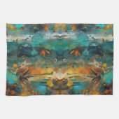 秋の収穫ティール(緑がかった色)ラスト金ゴールド抽象芸術 キッチンタオル (横)