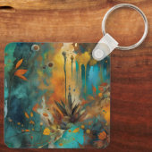 秋の収穫ティール（緑がかった色）ラスト金ゴールド抽象芸術 キーホルダー (裏面)