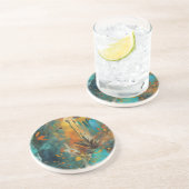 秋の収穫ティール(緑がかった色)ラスト金ゴールド抽象芸術 コースター (側面)