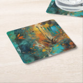 秋の収穫ティール(緑がかった色)ラスト金ゴールド抽象芸術 スクエアペーパーコースター (アングル)