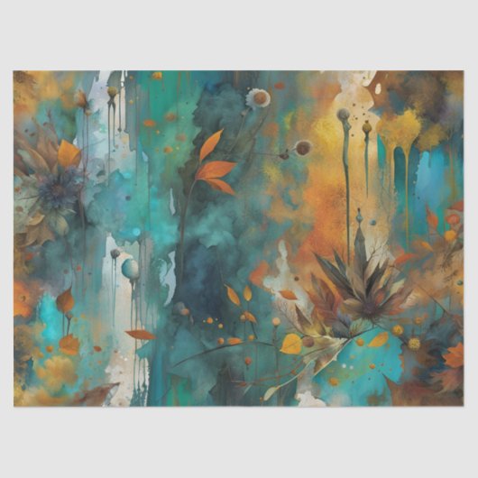 秋の収穫ティール（緑がかった色）ラスト金ゴールド抽象芸術 薄葉紙 (正面)