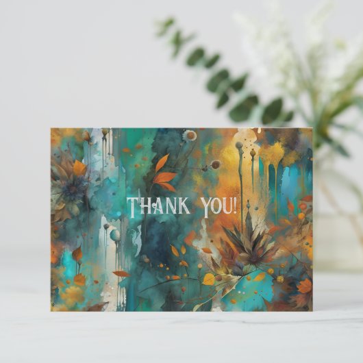 秋の収穫ティール（緑がかった色）錆び金ゴールド抽象芸術ありがとう サンキューカード (スタンド正面)