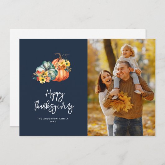秋の収穫ネイビーブルー幸せな感謝写真 シーズンカード (正面/裏面)
