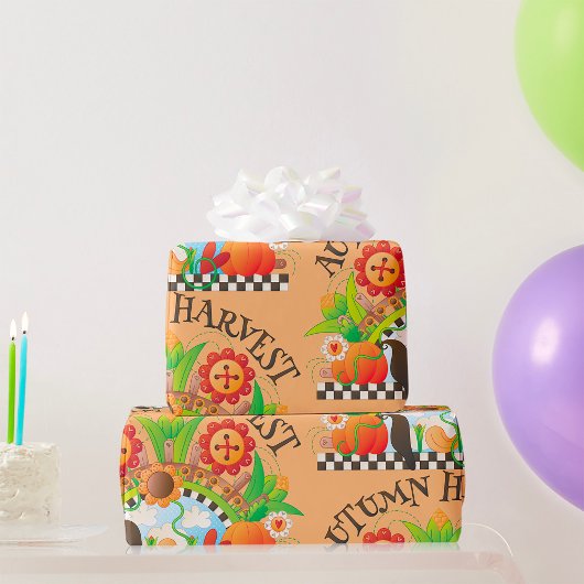 秋の収穫フォークアートパンプキンアンドサンフラワー秋 ラッピングペーパー