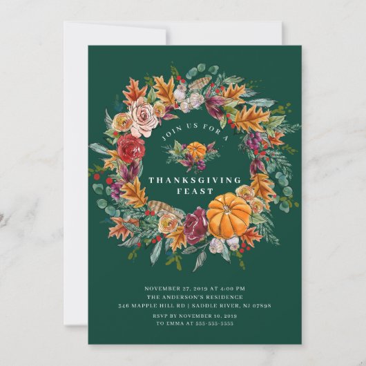 秋の収穫リース感謝祭ディナーパーティー 招待状 (正面)
