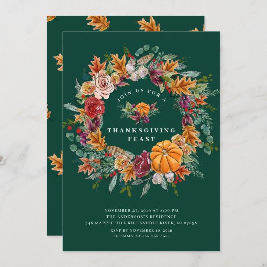 秋の収穫リース感謝祭ディナーパーティー 招待状 (正面/裏面)