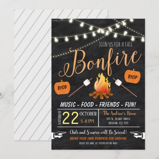 秋の収穫焚き火パーティーのお誘い 招待状 (正面/裏面)