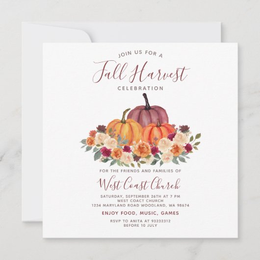 秋の収穫祭り、秋のお祭り、秋のコミュニティ 招待状 (正面)