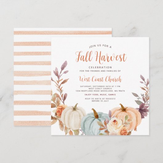 秋の収穫祭り、秋祭り、秋のコミュニティイベント 招待状 (正面/裏面)