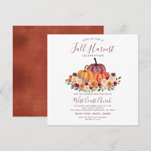 秋の収穫祭り、秋祭り、秋のコミュニティ 招待状 (正面/裏面)