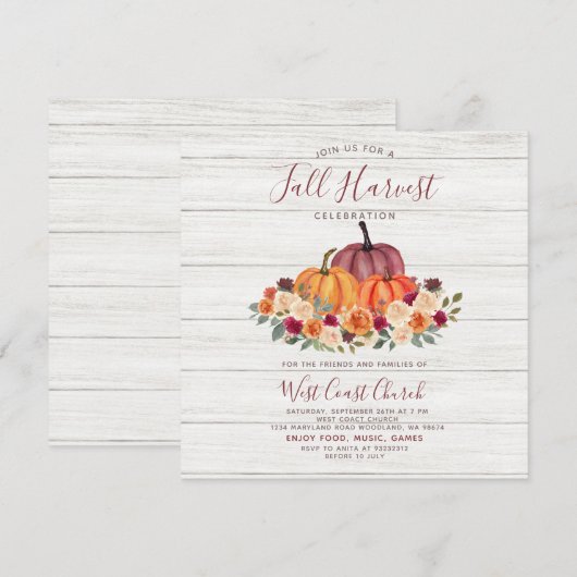 秋の収穫祭 パーティー 地域 チャーチ ピクニック 招待状 (正面/裏面)