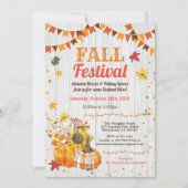 秋の収穫祭　素朴な木製のイラストのきのこパッチ 招待状 (正面)