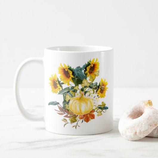 秋の収穫 カボチャとヒマワリのマグカップ コーヒーマグカップ (ドーナツ)