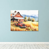 秋の古いピックアップトラックと赤い納屋32x24 キャンバスプリント (インサイチュ (ウッドフロア))