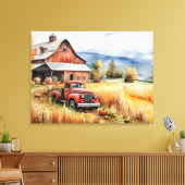 秋の古いピックアップトラックと赤い納屋32x24 キャンバスプリント (インサイチュ (リビング))