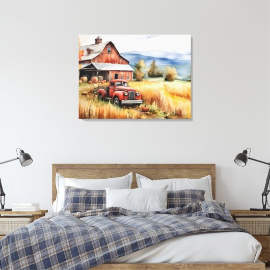 秋の古いピックアップトラックと赤い納屋32x24 キャンバスプリント (インサイチュ (寝室))