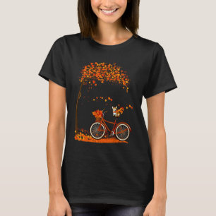 秋の可愛いコーギー 女性 自転車に乗った犬 Tシャツ