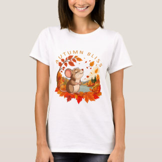 秋の喜び かわいい小さなネズミと落ち葉 Tシャツ
