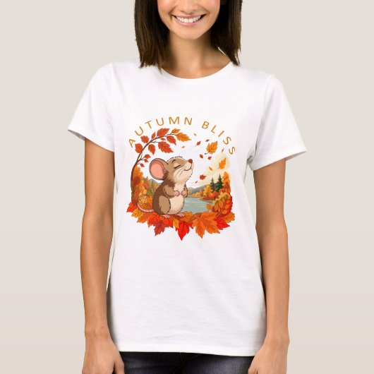 秋の喜び かわいい小さなネズミと落ち葉 Tシャツ (正面)