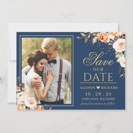 秋の夕べ結婚の金ゴールドオレンジフローラ写真 セーブザデート (正面)