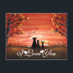 秋の夕日お洒落が大好き ポストカード<br><div class="desc">秋お洒落の夕べで夕日を眺める犬と猫のシルエットが登場。「愛してる」という言葉とハート。鮮やかなオレンジ色の紅葉。両側に二本の木があり、紅葉が落ち、鳥が日飛んでいるの入りに向かう。秋の風景オリジナル絵画アクリルのアートはDonna Leger for Ironyデザインによって行われた。All Rights Reserved.</div>