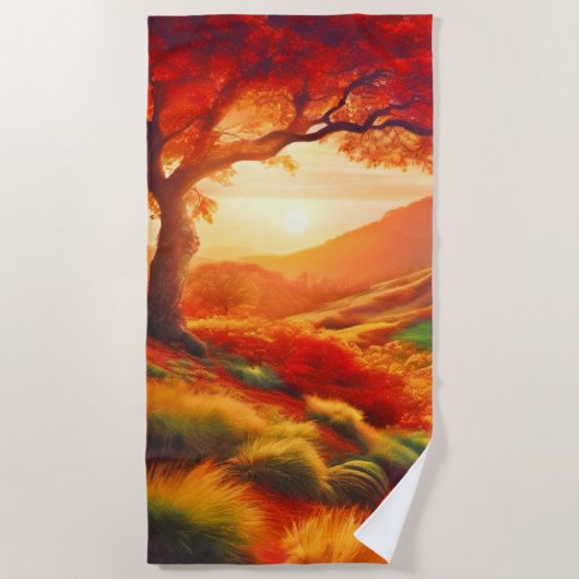 秋の夕日の風景絵を描のアート ビーチタオル (正面)