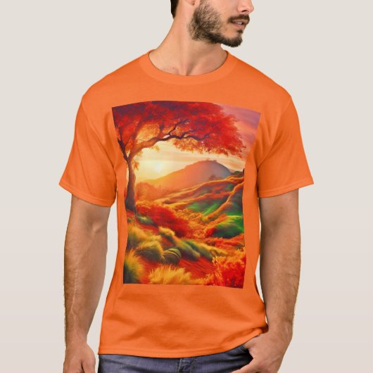 秋の夕日の風景絵を描のアート Tシャツ (正面)