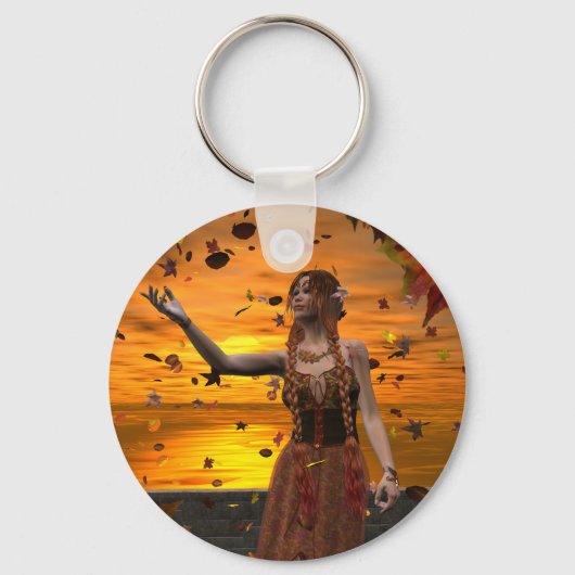 秋の夕日葉に小妖精や小人 キーホルダー (正面)