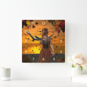 秋の夕日葉に小妖精や小人 スクエア壁時計 (ホーム)