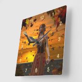 秋の夕日葉に小妖精や小人 スクエア壁時計 (傾斜)