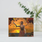 秋の夕日葉に小妖精や小人 ポストカード (スタンド正面)