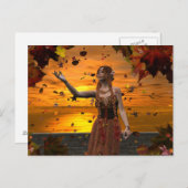 秋の夕日葉に小妖精や小人 ポストカード (正面/裏面)