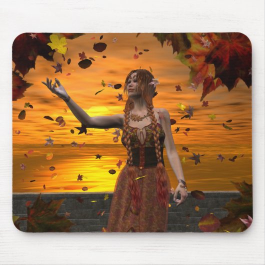 秋の夕日葉に小妖精や小人 マウスパッド (正面)