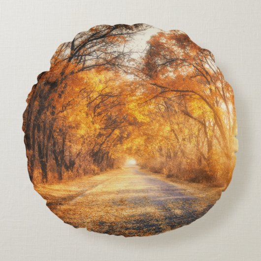 秋の夕日:森林道路の風景。 ラウンドクッション (正面)