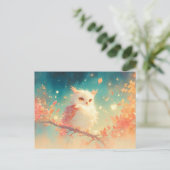 秋の夕焼けの森のふわふわ白いフクロウ ポストカード (スタンド正面)