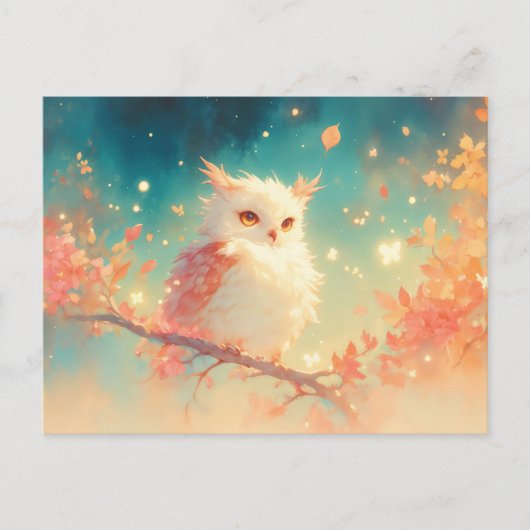 秋の夕焼けの森のふわふわ白いフクロウ ポストカード (正面)