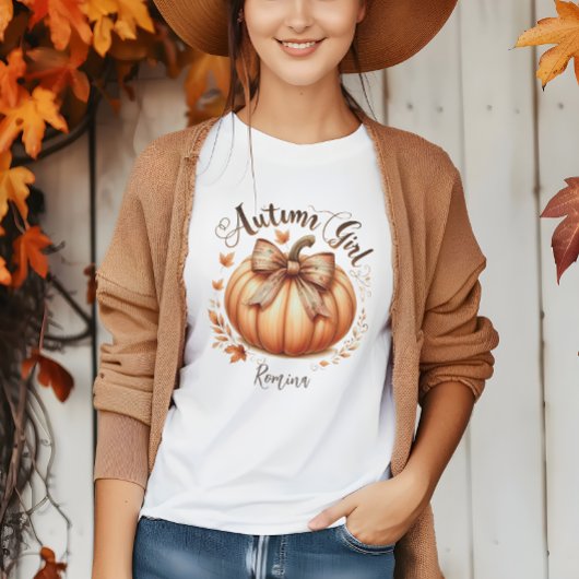 秋の女の子カスタムの水の色かぼちゃの秋女性 Tシャツ