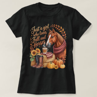 秋の女の子、秋と馬が大好きな女の子 Tシャツ