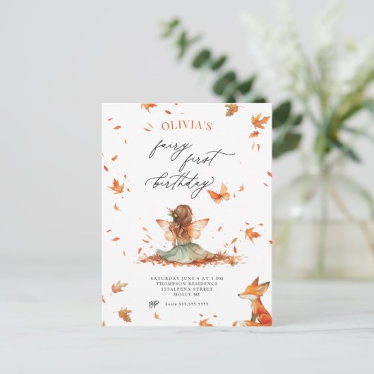 秋の妖精と狐の1歳誕生日パーティー招待状 ポストカード (スタンド正面)