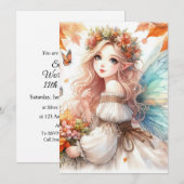 秋の妖精と葉の水彩筆記体テキスト 招待状 (正面/裏面)