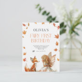秋の妖精の最初の誕生日招待状 キツネ付き ポストカード (スタンド正面)